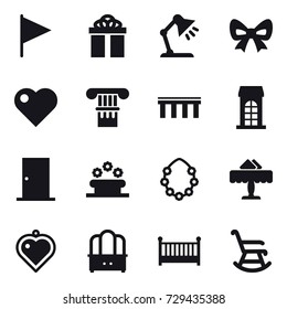 16 vector icon set : flag, gift, table lamp, bow, heart, column, bridge, building, door, flower bed, hawaiian wreath, restaurant, heart pendant, dresser, crib, rocking chair