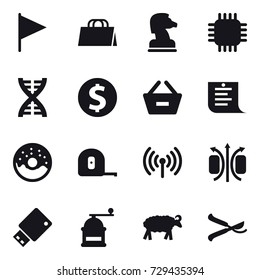 16 vector icon set : flag, shopping bag, chess horse, chip, dna, dollar coin, remove from basket, shopping list, donut, measuring tape, wireless, hand mill, sheep, pruner