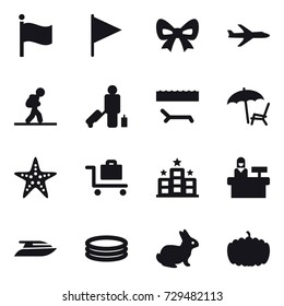 16 vector icon set : flag, bow, plane, tourist, passenger, lounger, starfish, baggage trolley, hotel, reception, yacht, inflatable pool, rabbit, pumpkin