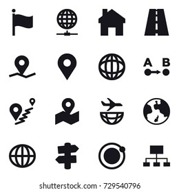 16 vector icon set : flag, globe connect, home, earth, globe, signpost, hierarchy