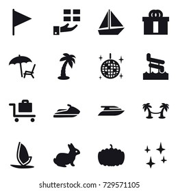 16 vector icon set : flag, gift, boat, lounger, palm, disco ball, aquapark, baggage trolley, jet ski, yacht, palm hammock, windsurfing, rabbit, pumpkin, shining