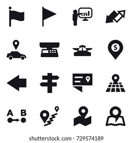 16 vector icon set : flag, presentation, up down arrow, car pointer, market scales, scales, dollar pin, left arrow, singlepost, map