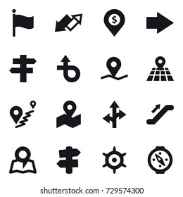 16 vector icon set : flag, up down arrow, dollar pin, right arrow, singlepost, escalator, map, signpost, handwheel, compass