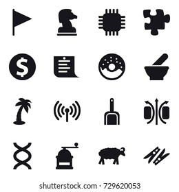 16 vector icon set : flag, chess horse, chip, puzzle, dollar coin, shopping list, donut, palm, wireless, scoop, hand mill, sheep, clothespin