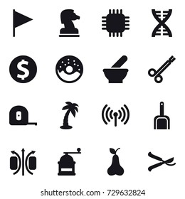 16 vector icon set : flag, chess horse, chip, dna, dollar coin, donut, measuring tape, palm, wireless, scoop, hand mill, pear, pruner