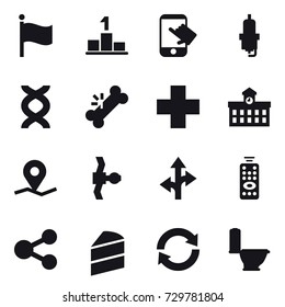 16 vector icon set : flag, pedestal, touch, spark plug, university, remote control, reload, toilet