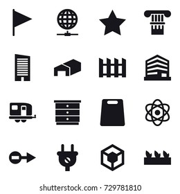 16 vector icon set : flag, globe connect, star, column, skyscraper, warehouse, fence, trailer, chest of drawers, cutting board, seedling