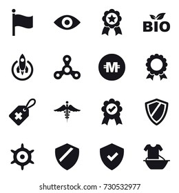16 vector icon set : flag, eye, medal, bio, rocket, spinner, crypto currency, shield, handwheel, handle washing