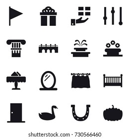 16 vector icon set : flag, gift, equalizer, column, bridge, fountain, flower bed, restaurant, mirror, curtain, crib, door, goose, horseshoe, pumpkin