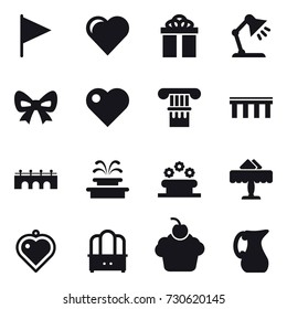 16 vector icon set : flag, heart, gift, table lamp, bow, column, bridge, fountain, flower bed, restaurant, heart pendant, dresser, jug