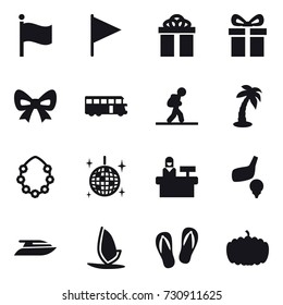16 vector icon set : flag, gift, bow, bus, tourist, palm, hawaiian wreath, disco ball, reception, golf, yacht, windsurfing, flip-flops, pumpkin