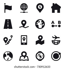 16 vector icon set : flag, globe connect, dollar pin, home, earth, map, compass