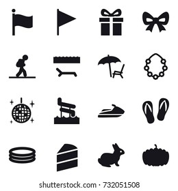 16 vector icon set : flag, gift, bow, tourist, lounger, hawaiian wreath, disco ball, aquapark, jet ski, flip-flops, inflatable pool, rabbit, pumpkin