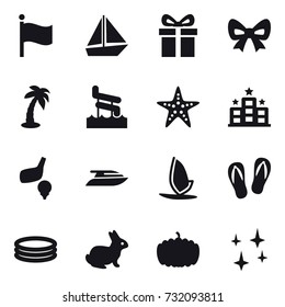 16 vector icon set : flag, boat, gift, bow, palm, aquapark, starfish, hotel, golf, yacht, windsurfing, flip-flops, inflatable pool, rabbit, pumpkin, shining