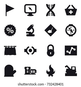 16 vector icon set : flag, monitor arrow, dna, add to basket, percent, under construction, compass, curtain, cook glove, fire, harvester