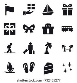 16 vector icon set : flag, gift, boat, bow, bus, tourist, passenger, palm, palm hammock, windsurfing, flip-flops, shining