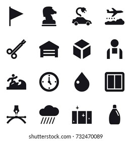 16 vector icon set : flag, chess horse, electric car, weather management, garage, 3d, surfer, watch, drop, power switch, rain cloud, clean  window, cleanser