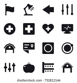 16 vector icon set : flag, table lamp, left arrow, equalizer, barn, ring button, watering
