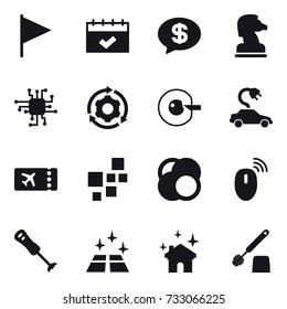 16 vector icon set : flag, calendar, money message, chess horse, chip, around gear, cell corection, electric car, ticket, clean floor, house cleaning, toilet brush