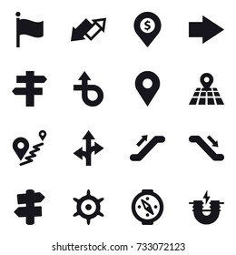 16 vector icon set : flag, up down arrow, dollar pin, right arrow, singlepost, escalator, signpost, handwheel, compass