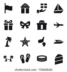 16 vector icon set : flag, gift, boat, bow, plane, palm, starfish, golf, yacht, palm hammock, flip-flops, inflatable pool