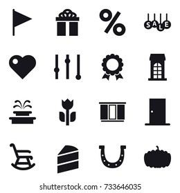 16 vector icon set : flag, gift, percent, sale, heart, equalizer, medal, building, fountain, wardrobe, door, rocking chair, horseshoe, pumpkin