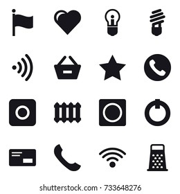 16 vector icon set : flag, heart, bulb, wireless, remove from basket, star, phone, ring button, radiator