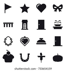 16 vector icon set : flag, star, heart, bow, bridge, building, door, fountain, hawaiian wreath, heart pendant, service bell, horseshoe, scarecrow, pumpkin