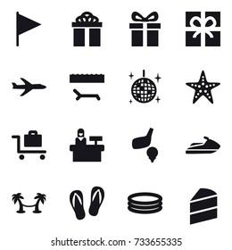16 vector icon set : flag, gift, plane, lounger, disco ball, starfish, baggage trolley, reception, golf, jet ski, palm hammock, flip-flops, inflatable pool