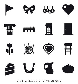 16 vector icon set : flag, bow, sale, heart, column, bridge, building, door, disco ball, heart pendant, chair, horseshoe, jug, pumpkin