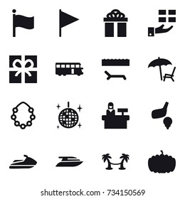 16 vector icon set : flag, gift, bus, lounger, hawaiian wreath, disco ball, reception, golf, jet ski, yacht, palm hammock, pumpkin