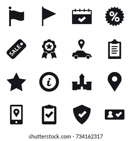 16 vector icon set : flag, calendar, percent, sale, medal, car pointer, clipboard, star, info, castle, check in