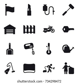 16 vector icon set : flag, lipstick, garage, fence, motorcycle, key, scoop, mixer, thermometer, watering can, vacuum cleaner, sponge, garbage bin