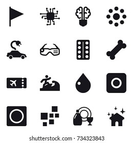 16 vector icon set : flag, chip, bulb brain, round around, electric car, smart glasses, ticket, surfer, drop, ring button, dish cleanser, house cleaning