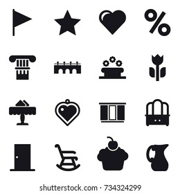 16 vector icon set : flag, star, heart, percent, column, bridge, flower bed, restaurant, heart pendant, wardrobe, dresser, door, rocking chair, jug