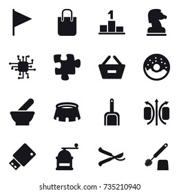 16 vector icon set : flag, shopping bag, pedestal, chess horse, chip, puzzle, remove from basket, donut, stadium, scoop, hand mill, pruner, toilet brush