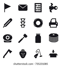 16 vector icon set : flag, mail, abacus, satellite, lifebuoy, meat hammer, axe, strawberry, vacuum cleaner, package
