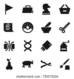 16 vector icon set : flag, shopping bag, chess horse, remove from basket, shopping list, donut, hand mill, pear, sheep, pruner, toilet brush