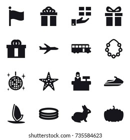 16 vector icon set : flag, gift, plane, bus, hawaiian wreath, disco ball, starfish, reception, jet ski, windsurfing, inflatable pool, rabbit, pumpkin