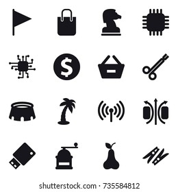 16 vector icon set : flag, shopping bag, chess horse, chip, dollar coin, remove from basket, stadium, palm, wireless, hand mill, pear, clothespin