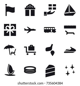 16 vector icon set : flag, gift, boat, plane, bus, lounger, baggage trolley, golf, jet ski, windsurfing, inflatable pool, shining