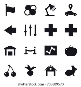 16 vector icon set : flag, atom core, table lamp, car pointer, left arrow, equalizer, vip fence, cherry, beet, barn, rabbit