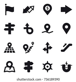 16 vector icon set : flag, up down arrow, dollar pin, right arrow, singlepost, escalator, map, signpost, handwheel