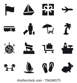 16 vector icon set : flag, boat, gift, plane, bus, passenger, lounger, palm, disco ball, aquapark, baggage trolley, reception, palm hammock, windsurfing, flip-flops, rabbit