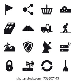 16 vector icon set : flag, molecule, basket, brick, pyramid, tourist, surfer, shield, satellite antenna, reload, broom