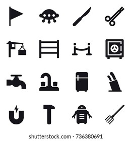 16 vector icon set : flag, ufo, vip fence, safe, water tap, fridge, stands for knives, fork