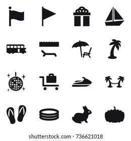 16 vector icon set : flag, gift, boat, bus, lounger, palm, disco ball, baggage trolley, jet ski, palm hammock, flip-flops, inflatable pool, rabbit, pumpkin