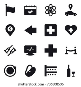 16 vector icon set : flag, calendar, atom, car pointer, dollar pin, left arrow, vip fence, watering, wine