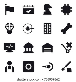 16 vector icon set : flag, calendar, chess horse, chip, bulb brain, cell corection, goverment house, garage, ring button, toilet brush