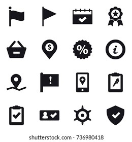 16 vector icon set : flag, calendar, medal, remove from basket, dollar pin, percent, info, check in, handwheel